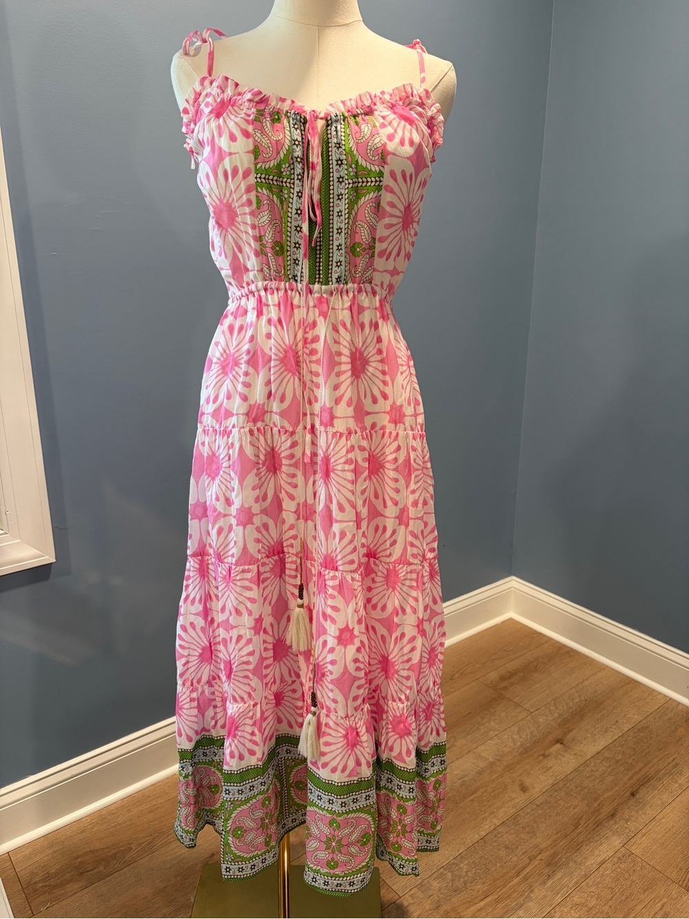 Bell by Alicia Bell Pink Floral Tiered Midi Dress Small Resort Vacation